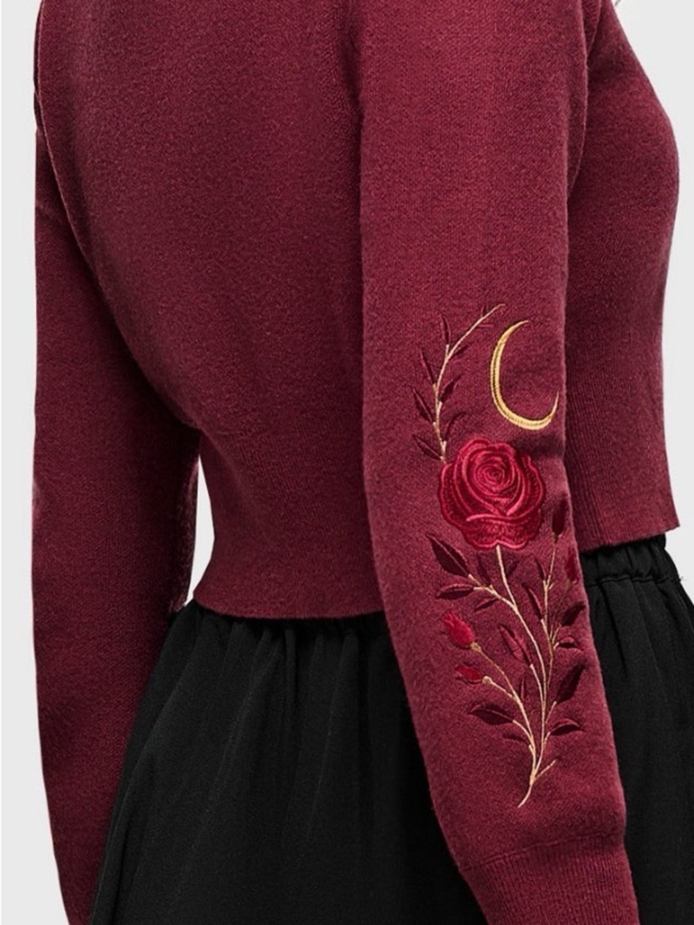 Burgundy Embroidered Rose Moon Cropped Sweater